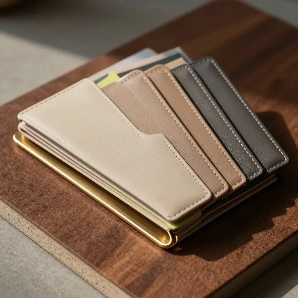Top-down fan of CV folder wallets and a brass divider on walnut felt