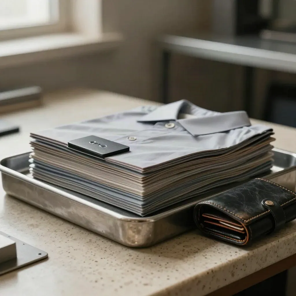 Steel sorting tray with candidate sleeves, a status clip and verification wallet on travertine.