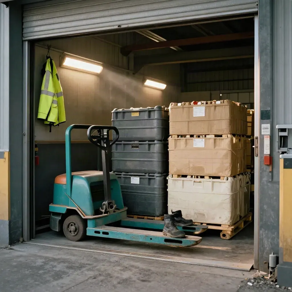 Warehouse dispatch lane with pallet jack, totes, boots, and hi-vis jackets in warm industrial light.