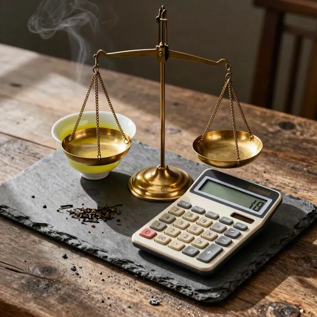 Brass balance scale, calculator and steaming tea cup on a slate tray in warm editorial light.