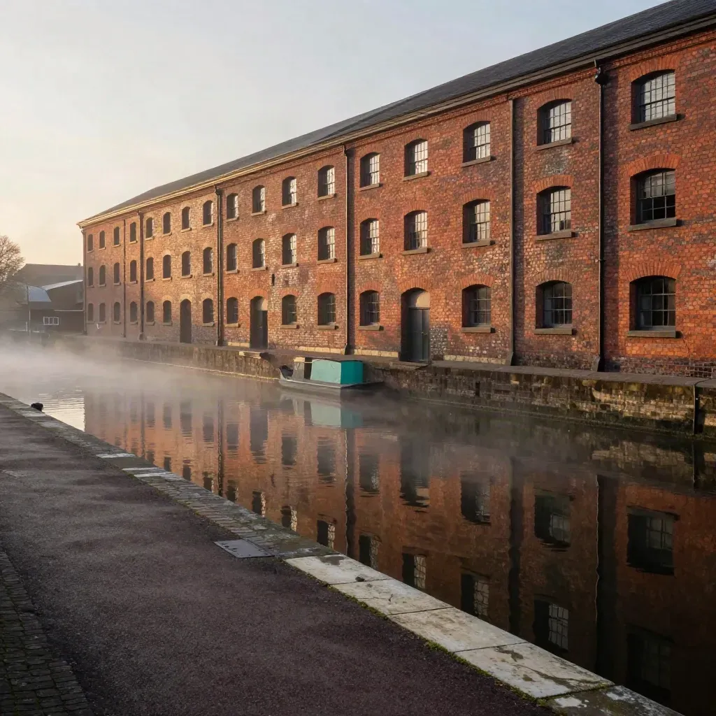 Misty Birmingham canal basin with red-brick warehouses and calm towpath water at sunrise.